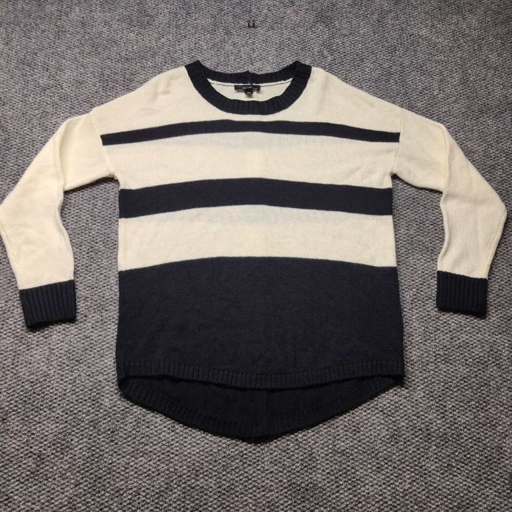 AGB Womens Navy Blue Cream Striped Button Back Sweater Size L 041364C